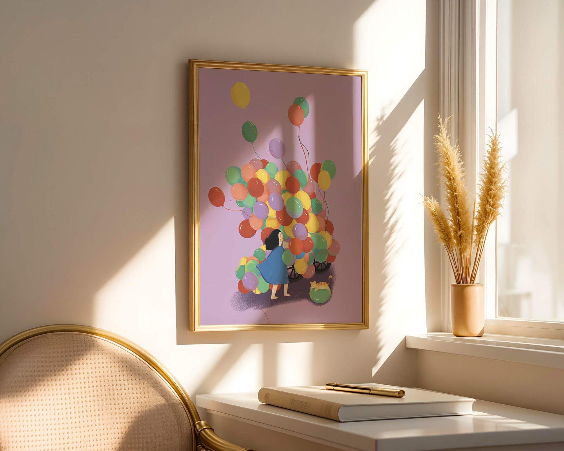 Bunte Luftballons mit einem Kind und einer Katze auf violettem Hintergrund