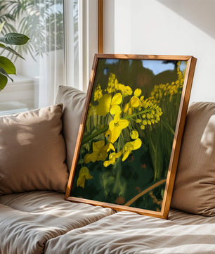 Close-up view of vibrant yellow flowers in a lush green field