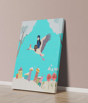 Wunderliche Winterlandschaft mit einem Mädchen auf einem Storch über einem bunten Dorf