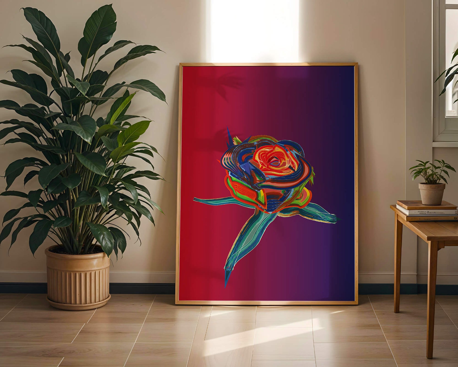 Rosa abstracta vibrante con colores dinámicos sobre fondo degradado
