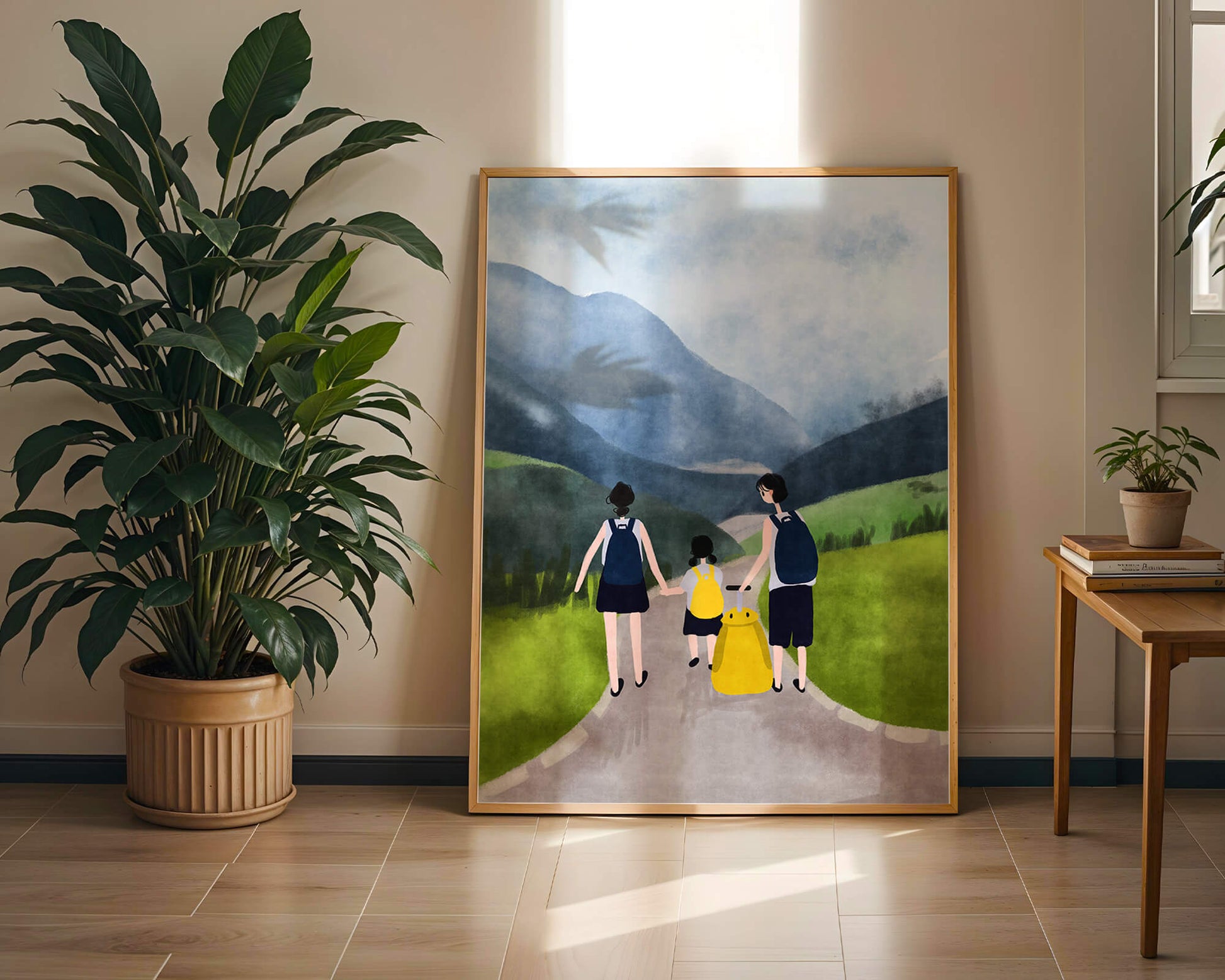 Family hiking in scenic mountain landscape with backpacks