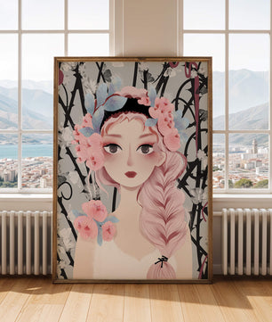 Illustration of a girl with floral headpiece against abstract floral background