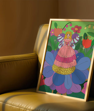 Princesa hada en jardín encantado con elementos dorados