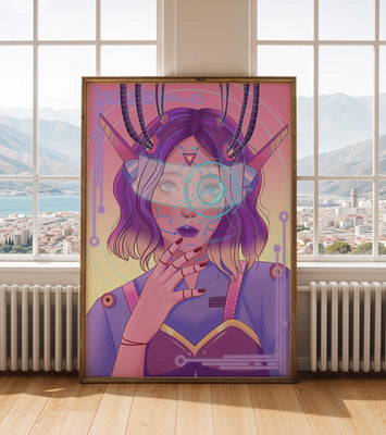 Futuristic digital art featuring a cybernetic woman with a holographic interface