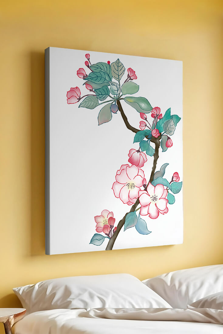 Rama delicada de cerezo en flor a la acuarela con hojas y flores vibrantes