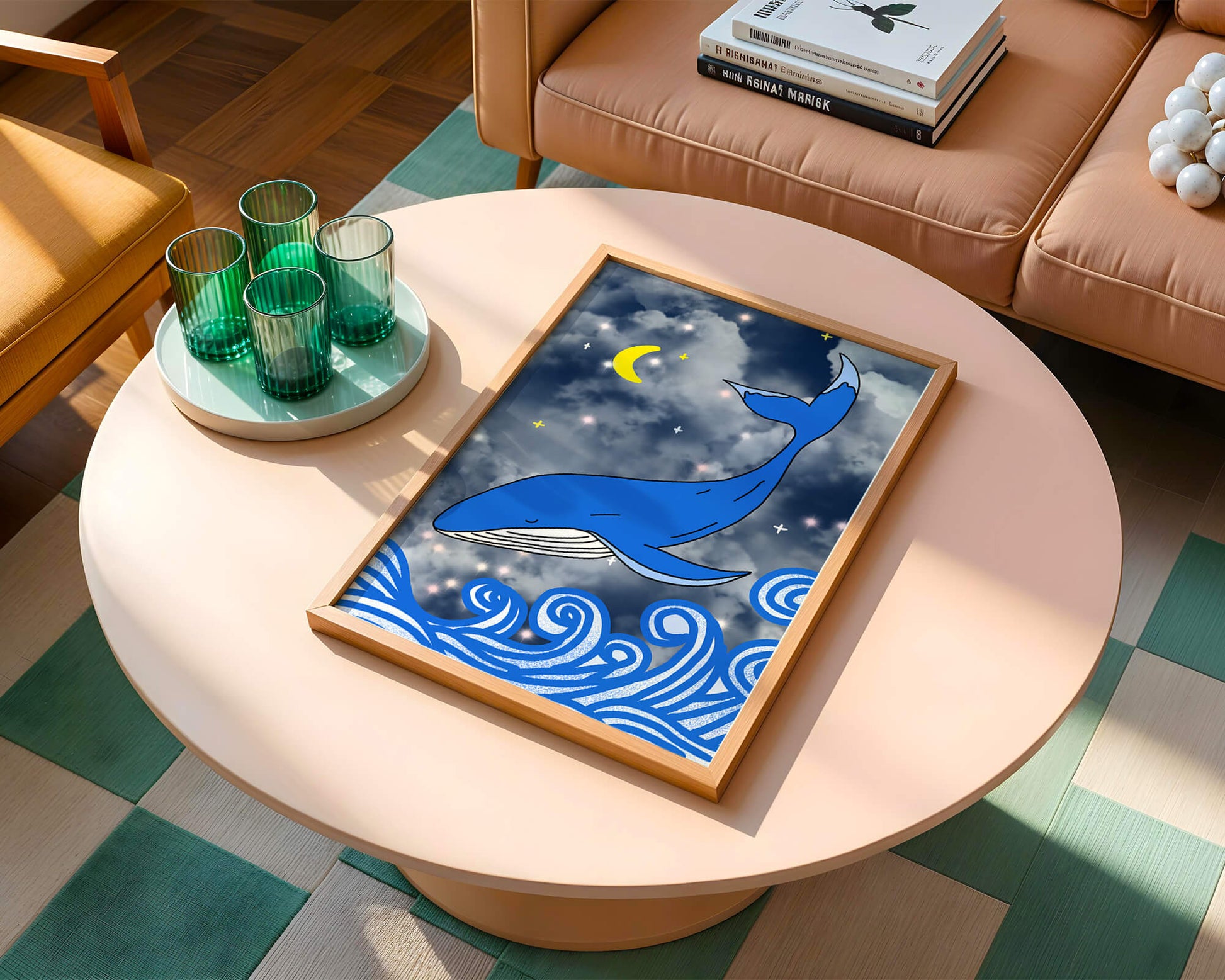 Whimsical blue whale in a starry night ocean scene