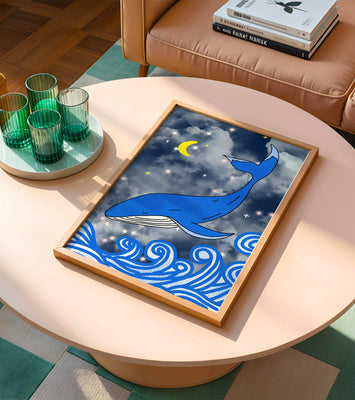 Whimsical blue whale in a starry night ocean scene
