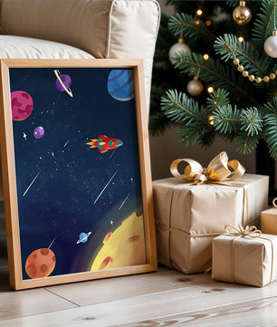 Farbenfrohes Weltraumabenteuer mit Planeten und Raketenillustration