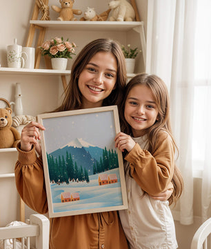 Winter Mountain Landscape with Snowy Cabins and Forest - Mi tienda
