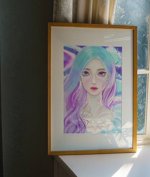Fantasy portrait of a woman with pastel hair and vibrant features