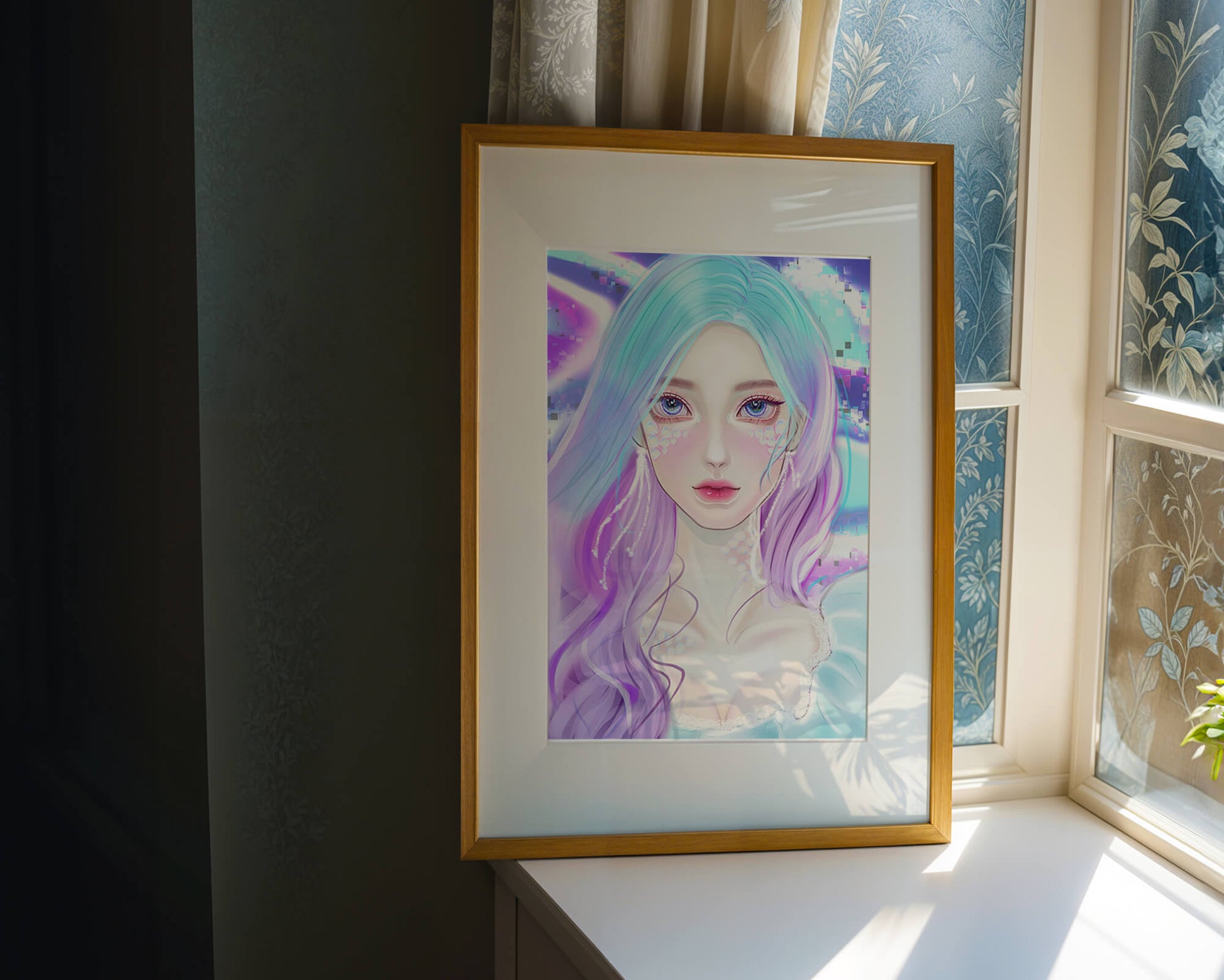 Fantasy portrait of a woman with pastel hair and vibrant features