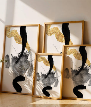 Abstract black and gold brushstrokes with textured patterns