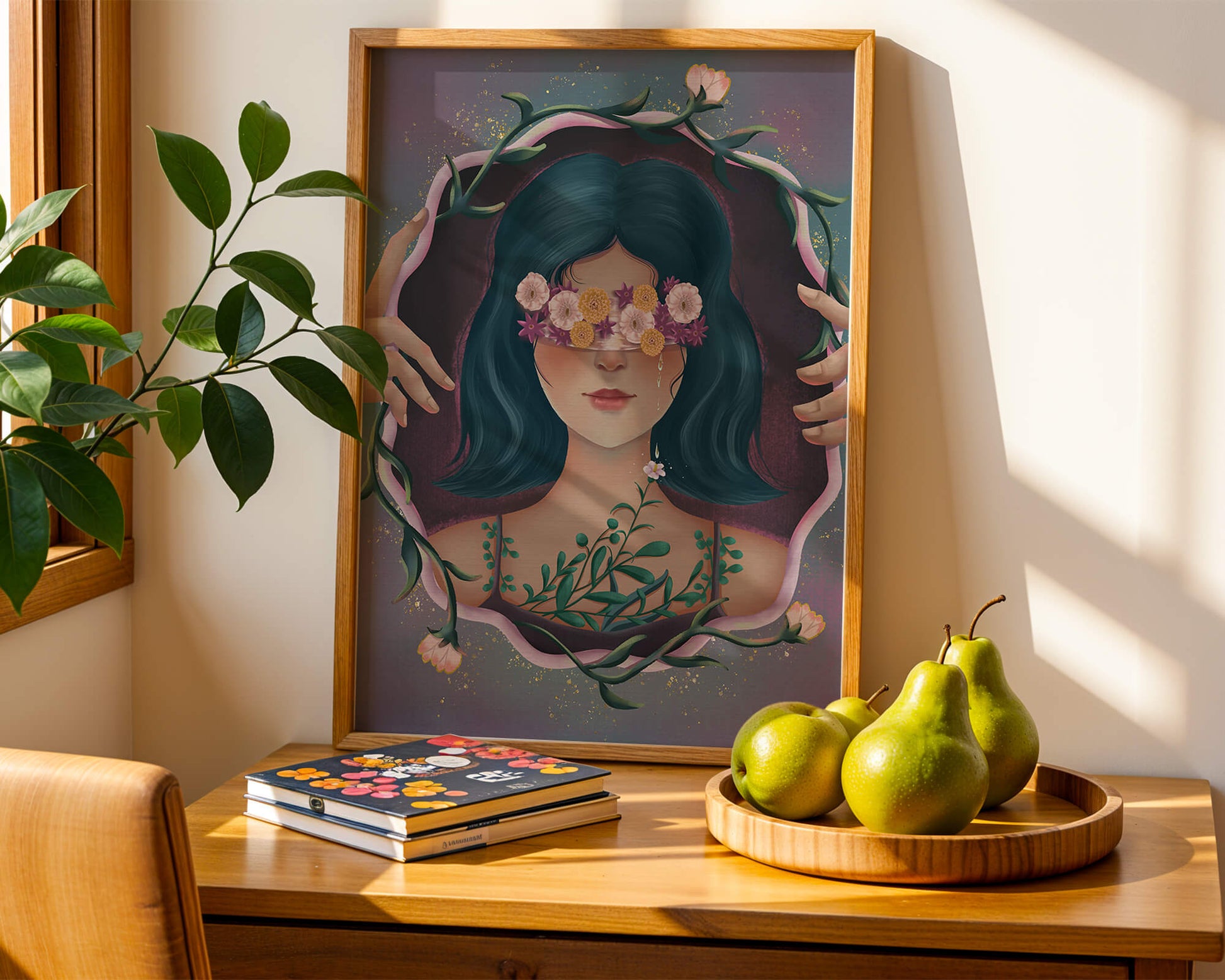Retrato encantador de una mujer con ojos florales y cabello oscuro
