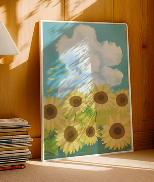 Sonnenblumen in einer hellen Wiese mit blauem Himmel und Wolken