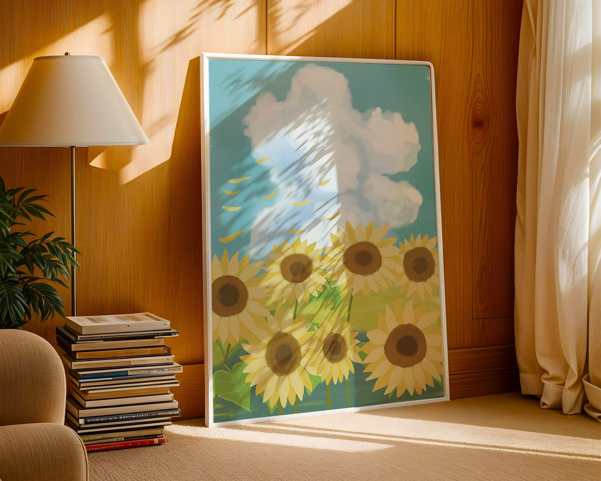 Girasoles en un prado brillante con cielo azul y nubes