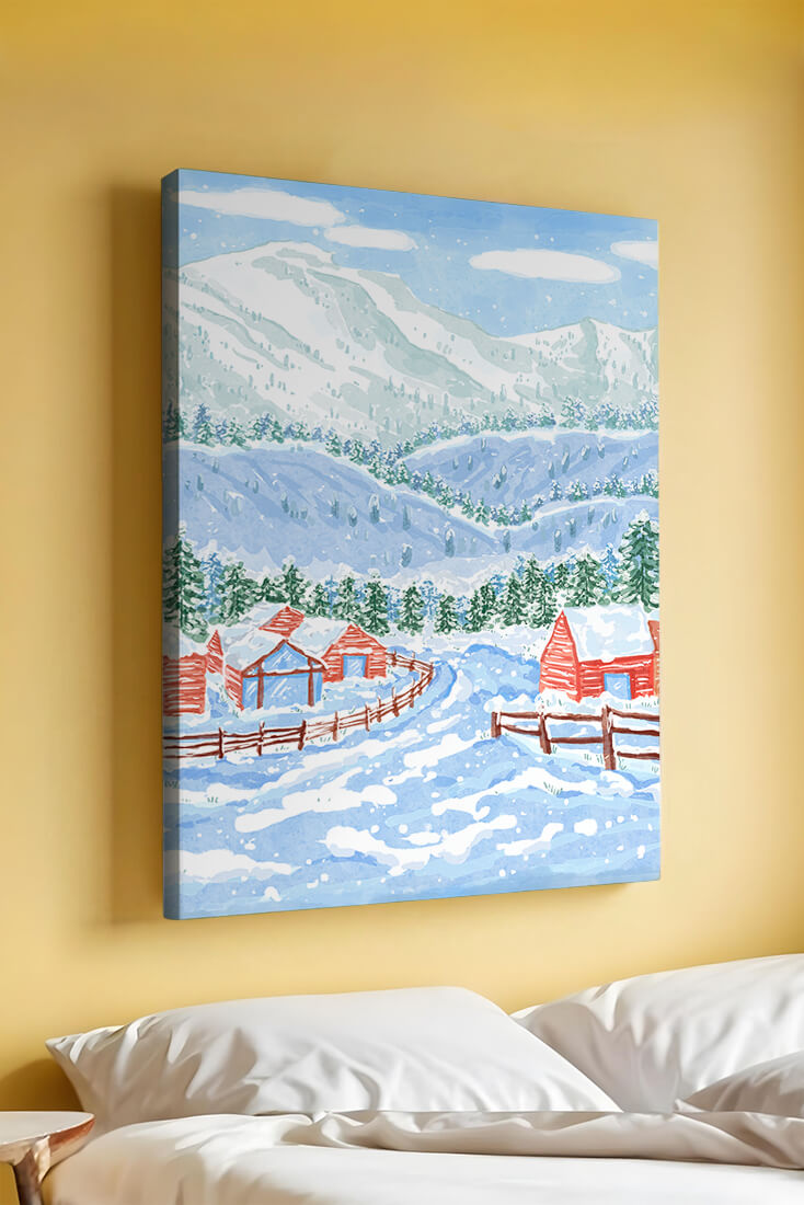 Charming snowy landscape with mountain view and cozy cabins