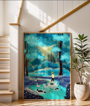 Colorful forest scene with a child and ducks by a stream
