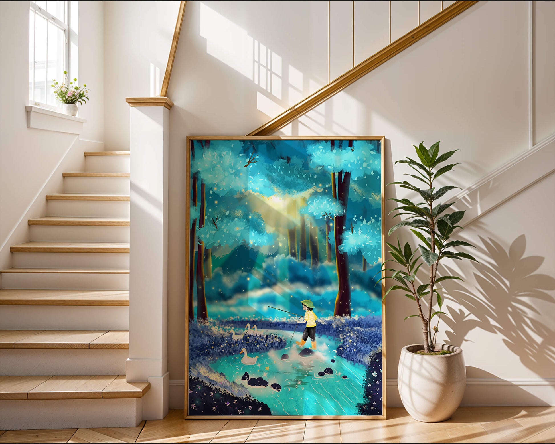 Colorful forest scene with a child and ducks by a stream