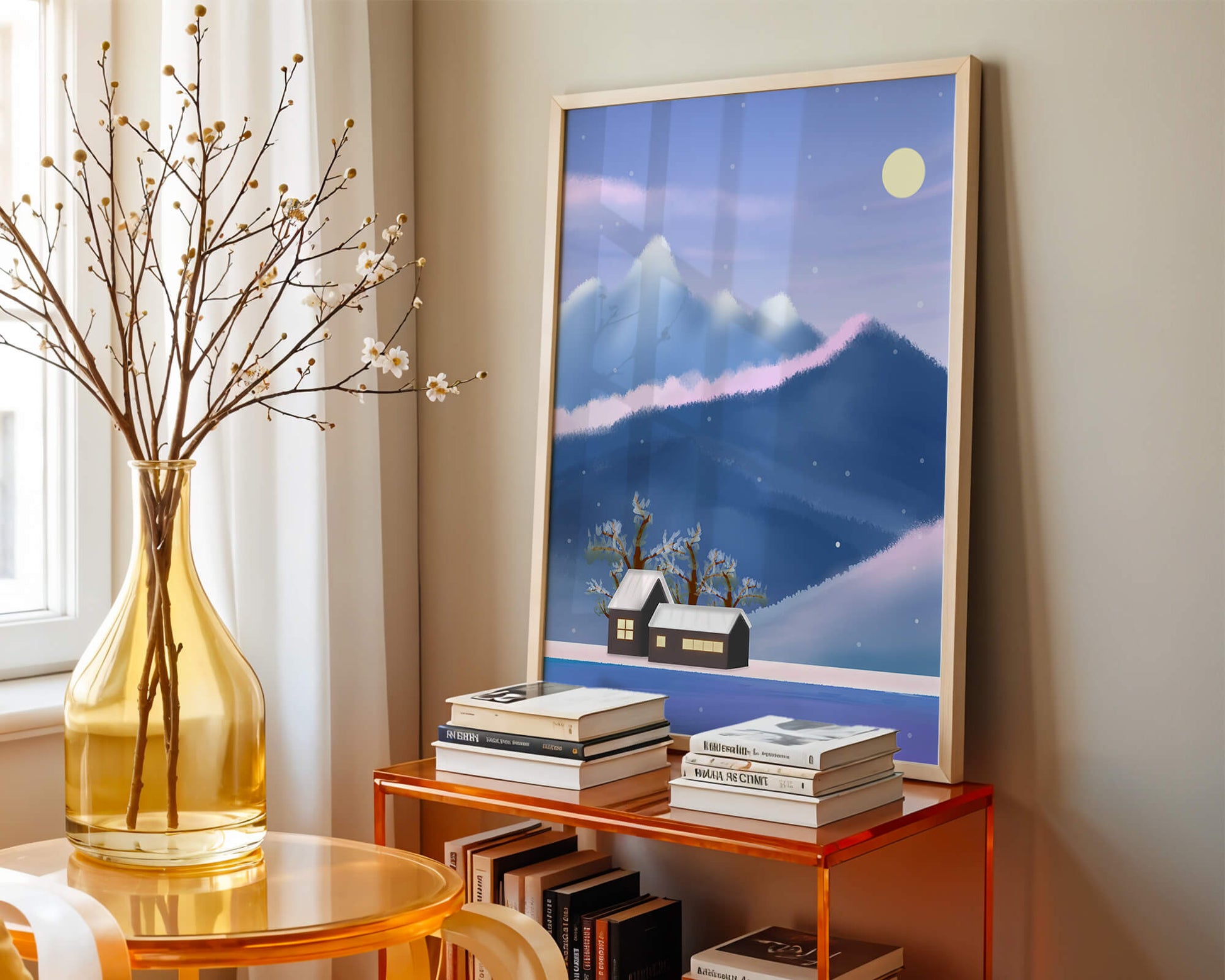 Paysage de montagne enneigée avec des maisons et des arbres sous la lumière de la lune