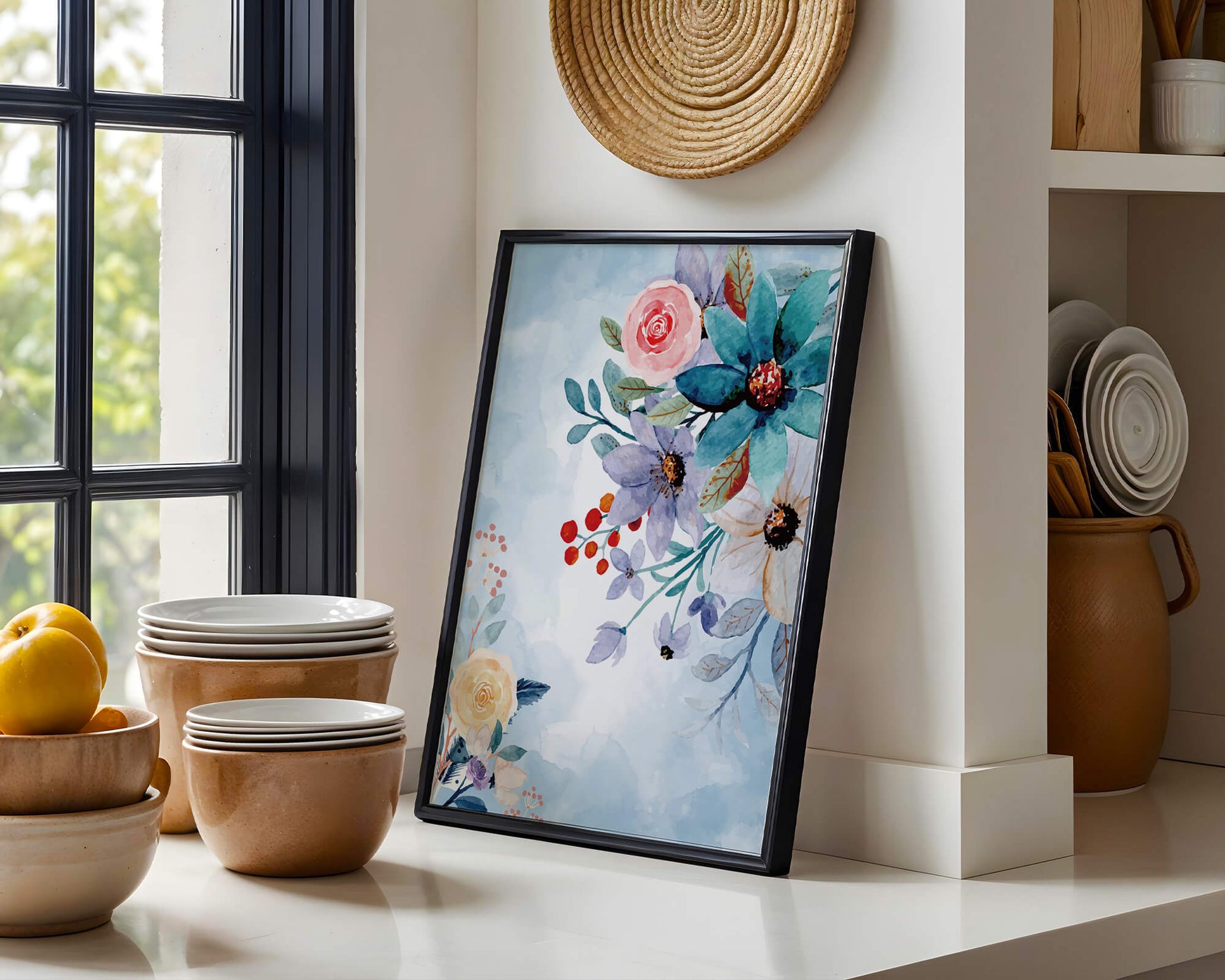 Ilustración floral acuarela con flores y hojas vibrantes