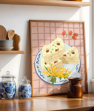 Illustration of layered cake on patterned plate with flowers and a cup