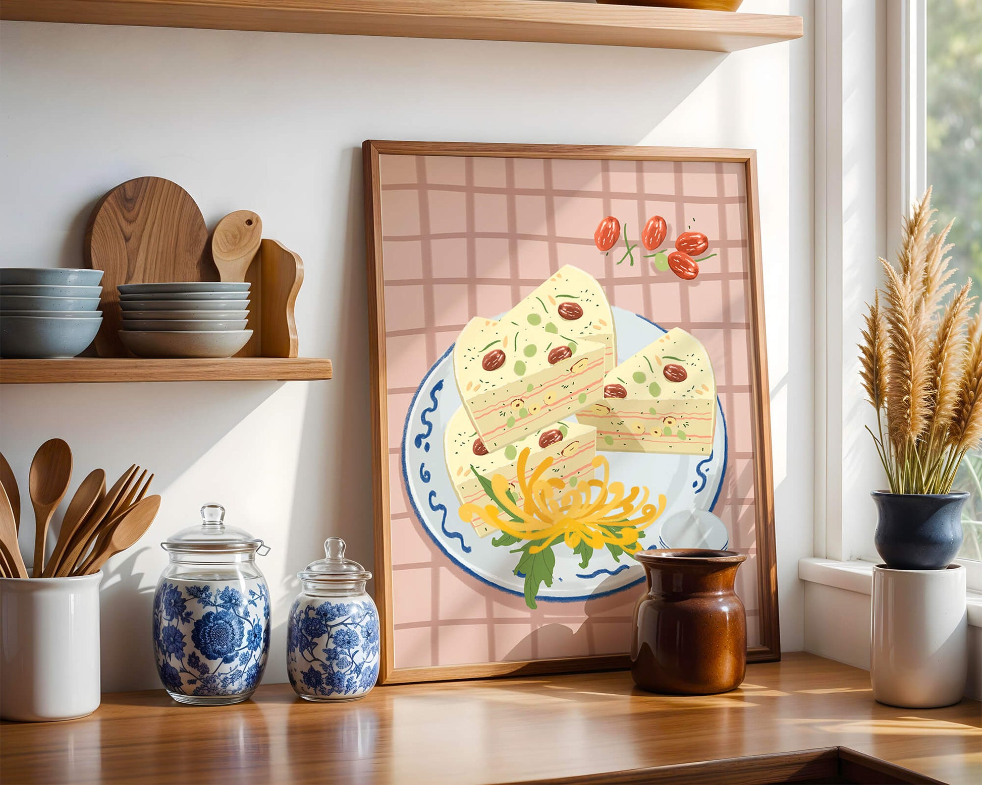 Illustration of layered cake on patterned plate with flowers and a cup