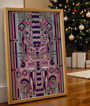 Art de chat géométrique coloré avec motifs abstraits en tons pastel