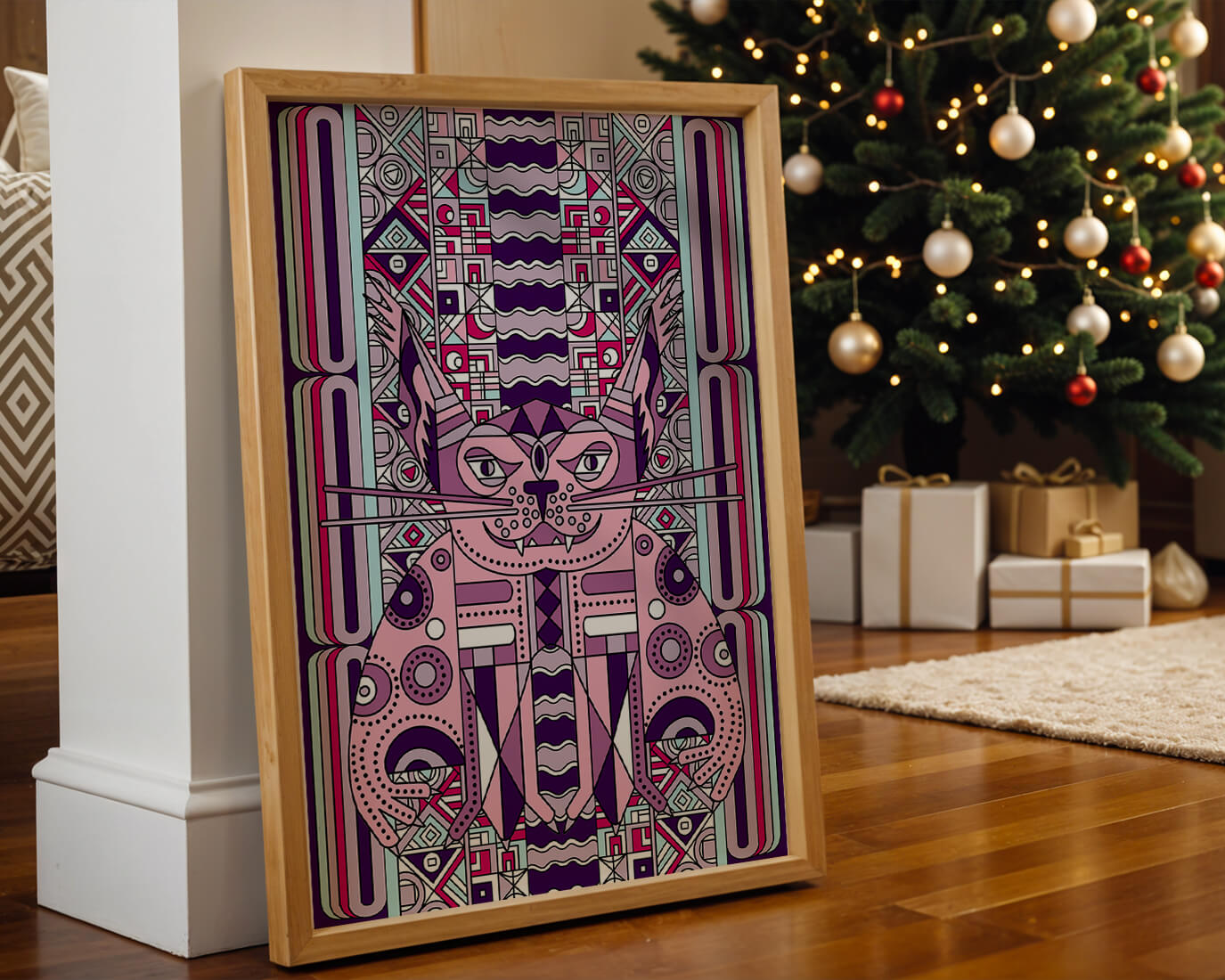 Art de chat géométrique coloré avec motifs abstraits en tons pastel
