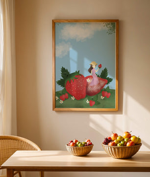Ilustración encantadora de una niña en un campo de fresas