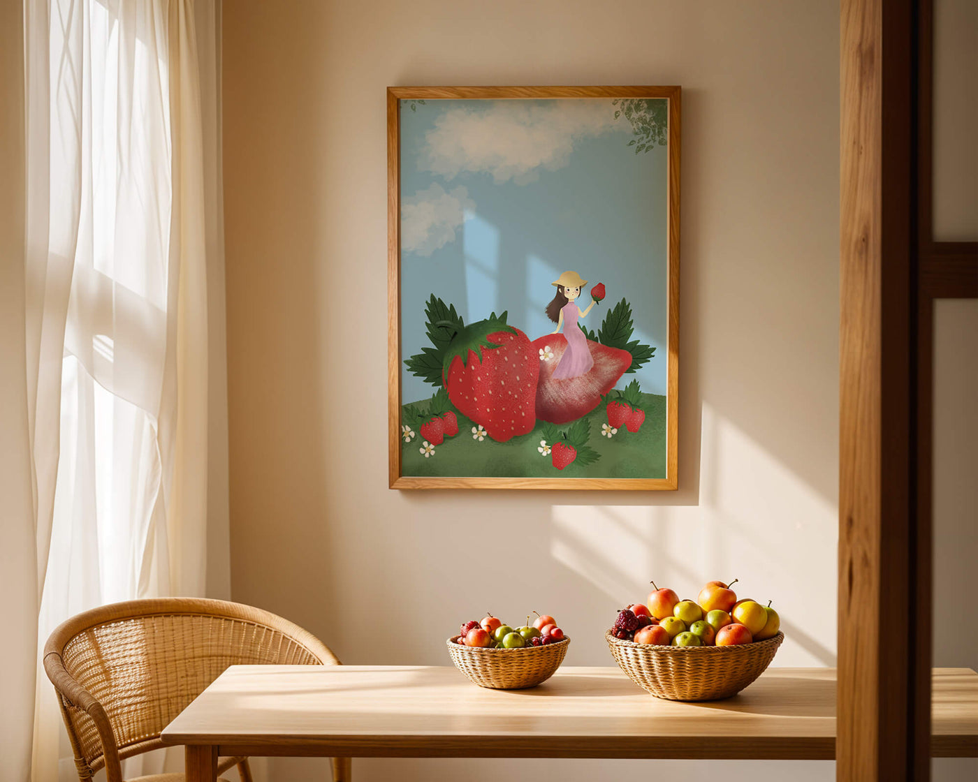 Charming illustration of a girl in a strawberry field