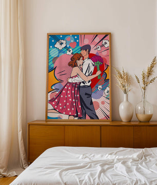 Pareja abrazándose en estilo pop art con un fondo colorido