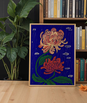 Colorful chrysanthemum illustration on dark blue background