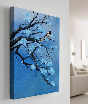 Blue Blossoms on Branch with Bird in Winter Scene