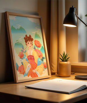 Traditional Asian Art with Woman in Hanfu Surrounded by Mountains and Peonies