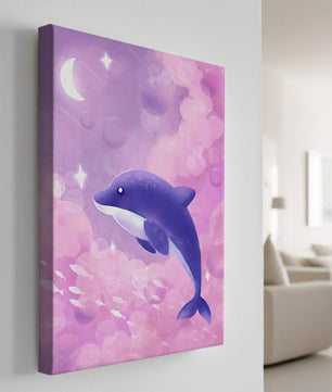 Dreamlike underwater scene with dolphin and moonlit sky