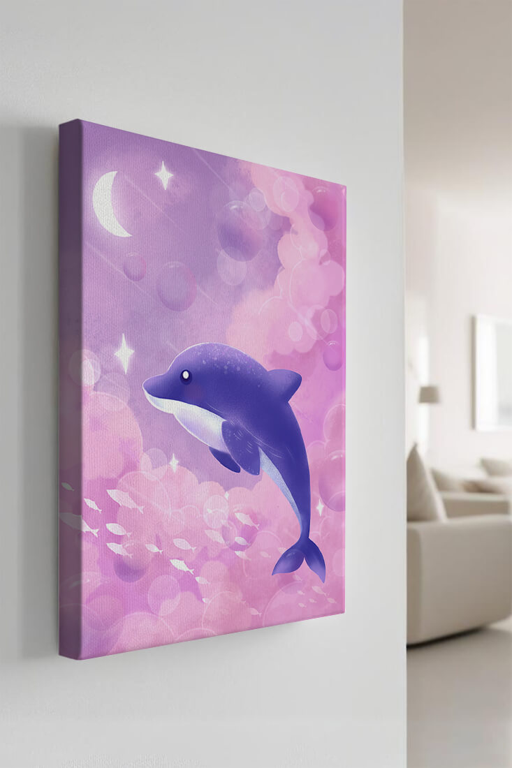 Dreamlike underwater scene with dolphin and moonlit sky