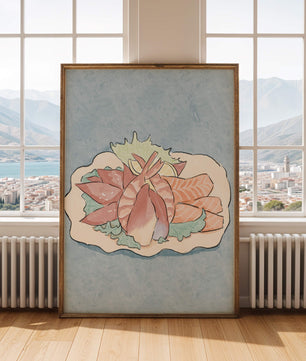 Illustration of seafood platter with shrimp and salmon on a decorative plate