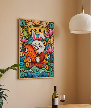 Festive rabbit holding golden fish with lotus flowers and waves in a traditional design