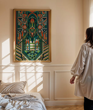 Design géométrique abstrait inspiré de l’Art déco avec des motifs symétriques et un motif animal