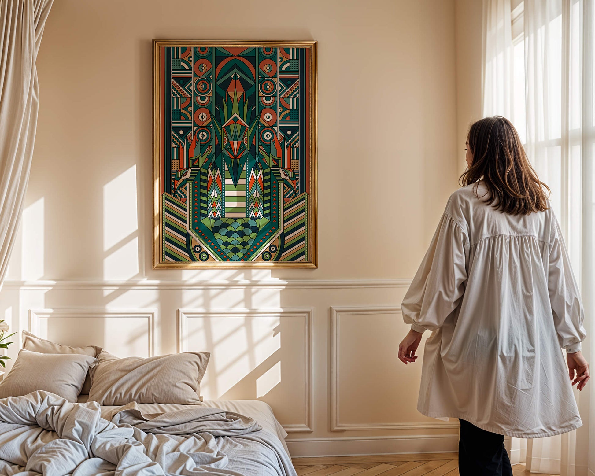 Art Deco Inspired Abstract Geometric Design with Symmetrical Patterns and Animal Motif