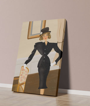 Elegant Woman in Vintage Fashion with Black Suit and Hat