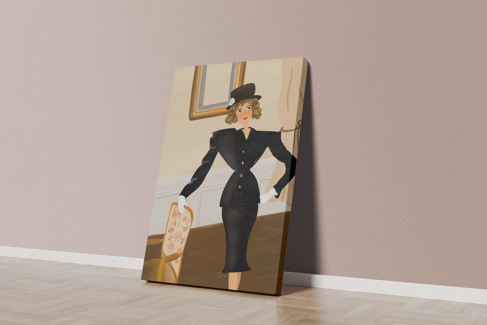 Mujer elegante en moda vintage con traje negro y sombrero