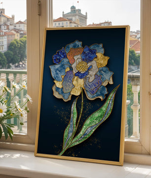 Diseño floral texturizado y colorido con contornos dorados sobre fondo oscuro
