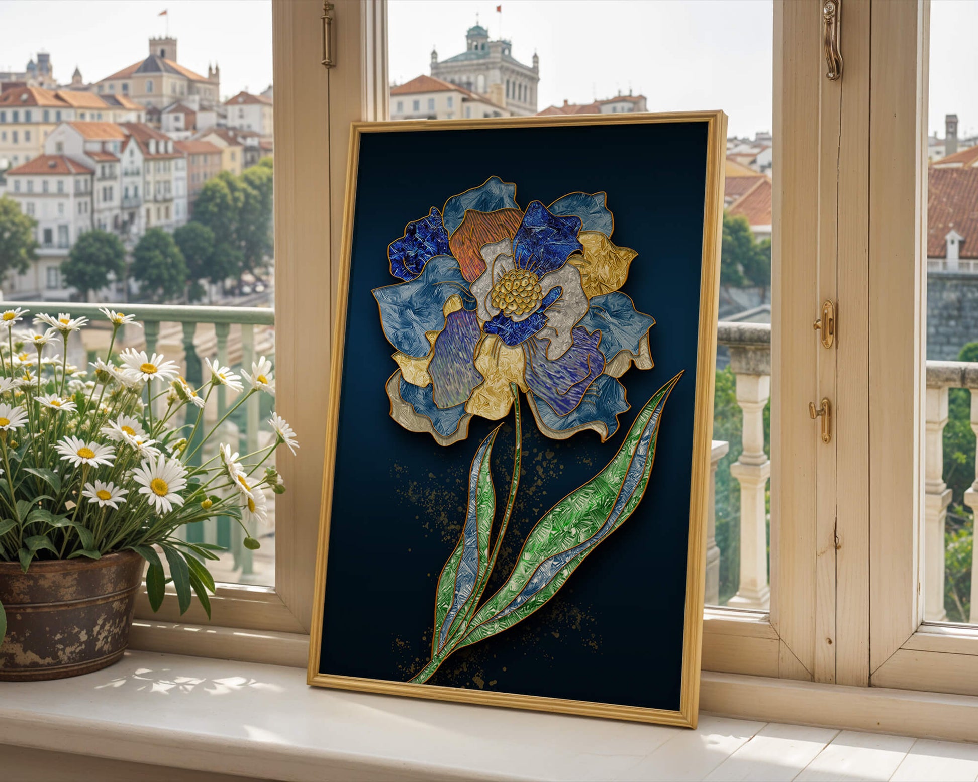 Diseño floral texturizado y colorido con contornos dorados sobre fondo oscuro