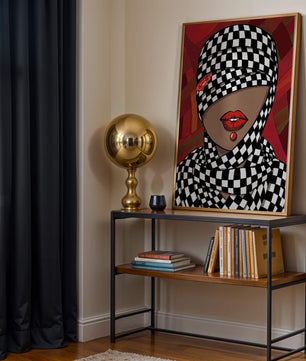 Abstract Art of Woman with Checkered Pattern and Red Lips - Mi tienda