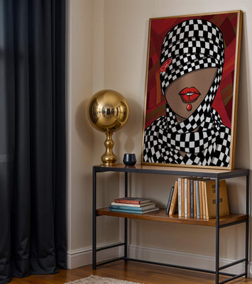 Abstract Art of Woman with Checkered Pattern and Red Lips