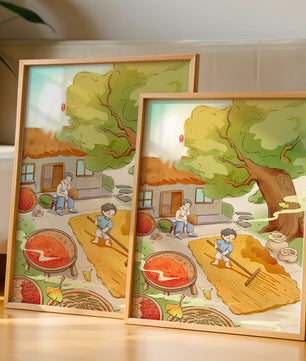 Escena rural encantadora con niño secando granos bajo el árbol