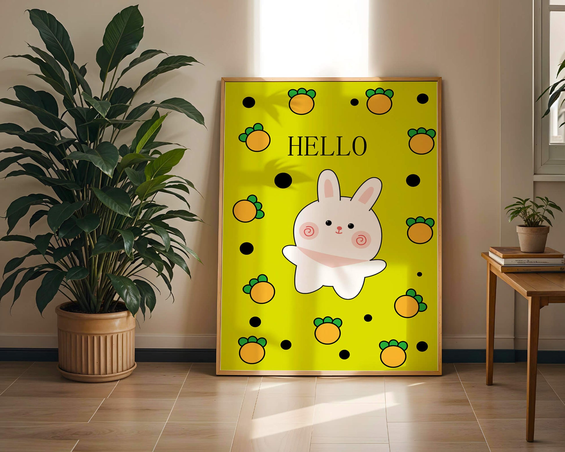 Charming rabbit cartoon illustration on yellow background with orange elements