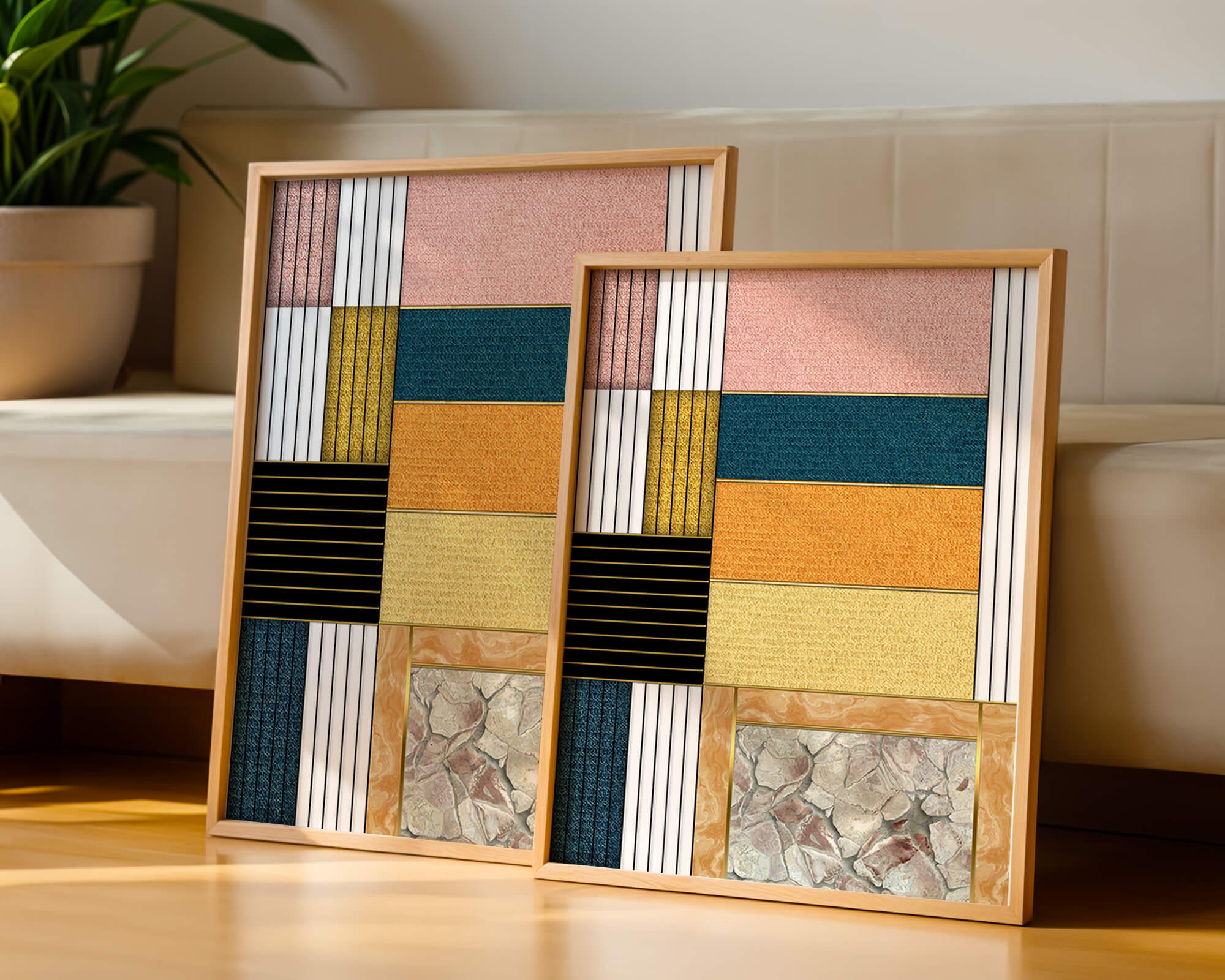 Geometric Abstract Art with Textured Blocks and Gold Accents - Mi tienda