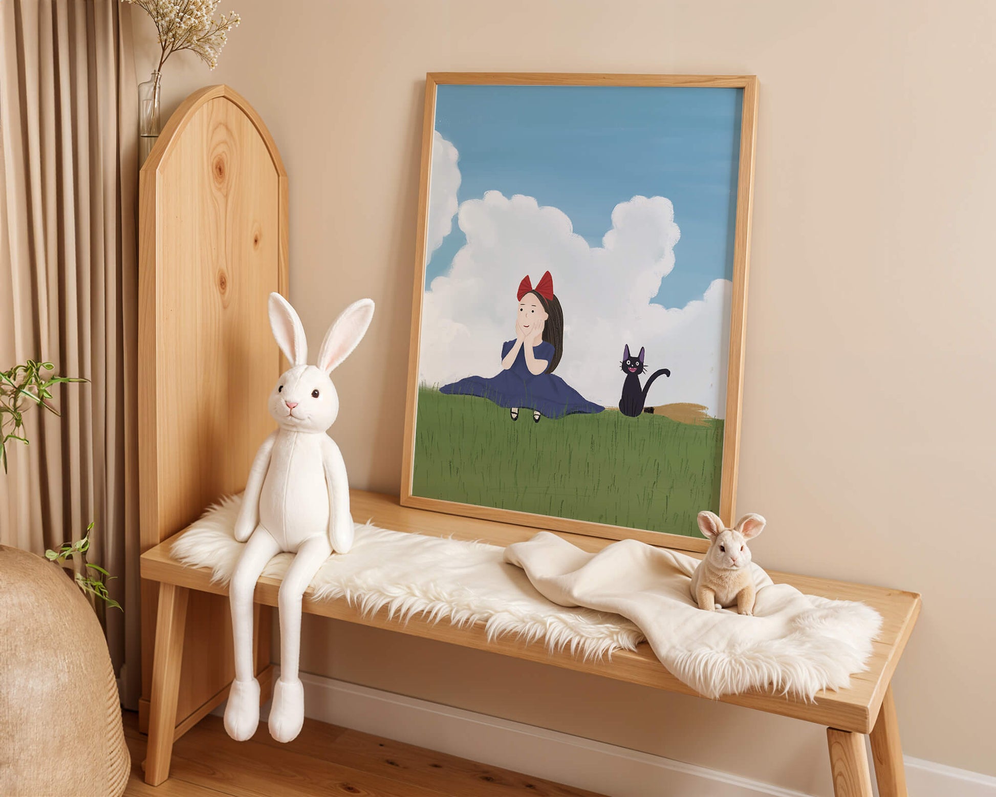 Girl with Red Bow and Cat in Lush Green Meadow